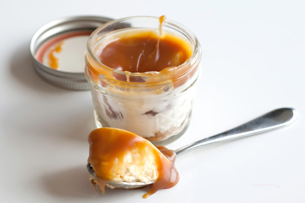 salted caramel cheesecake in a jar