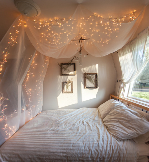 string lights over bed