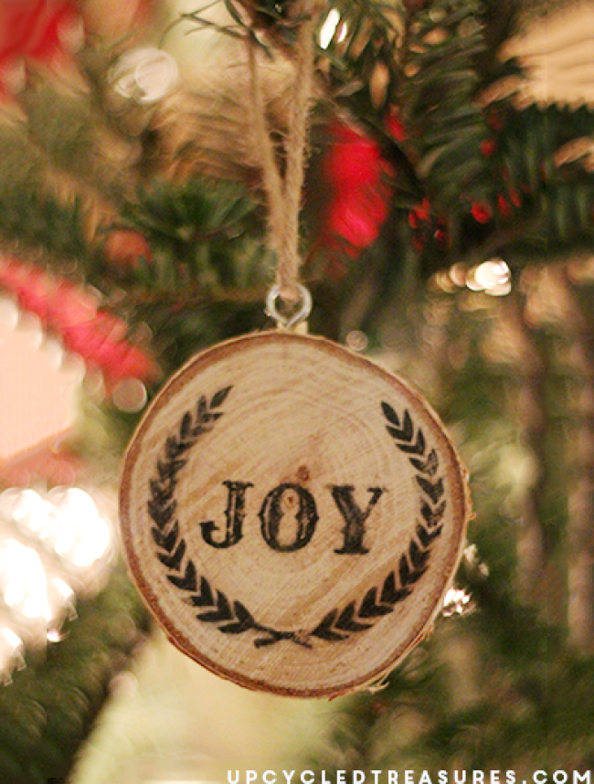joy wood slice ornament