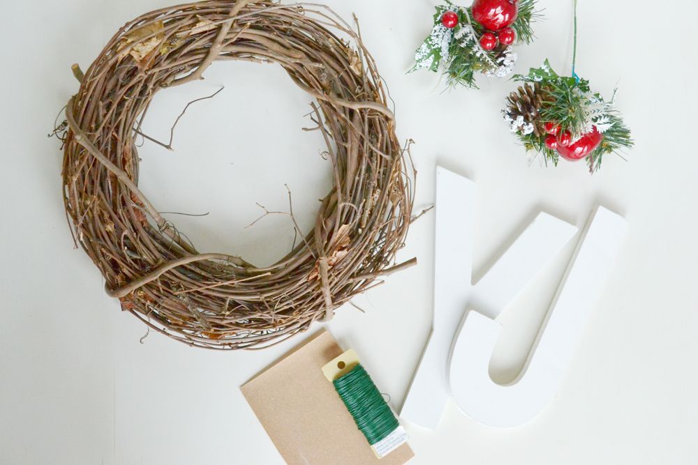 Materials to create a Joy Holiday Wreath