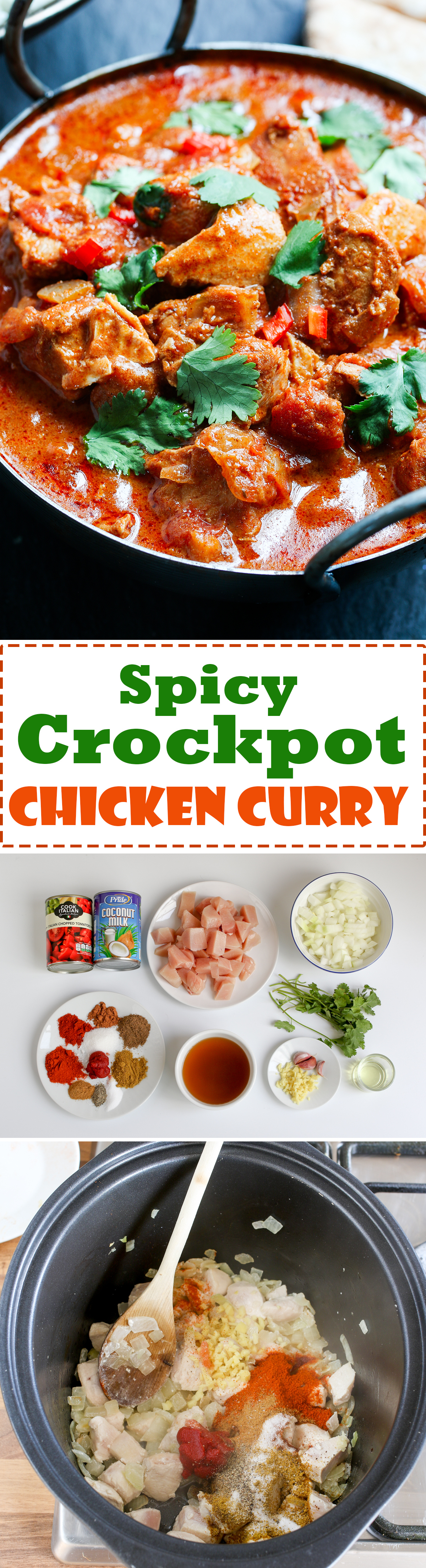An easy from-scratch crockpot chicken curry with a kick of chili spice.