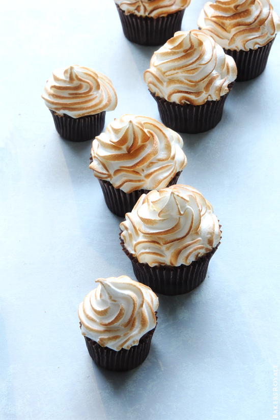 Banana cupcakes with bourbon butterscotch filling and toasted marshmallow frosting by bakers royale