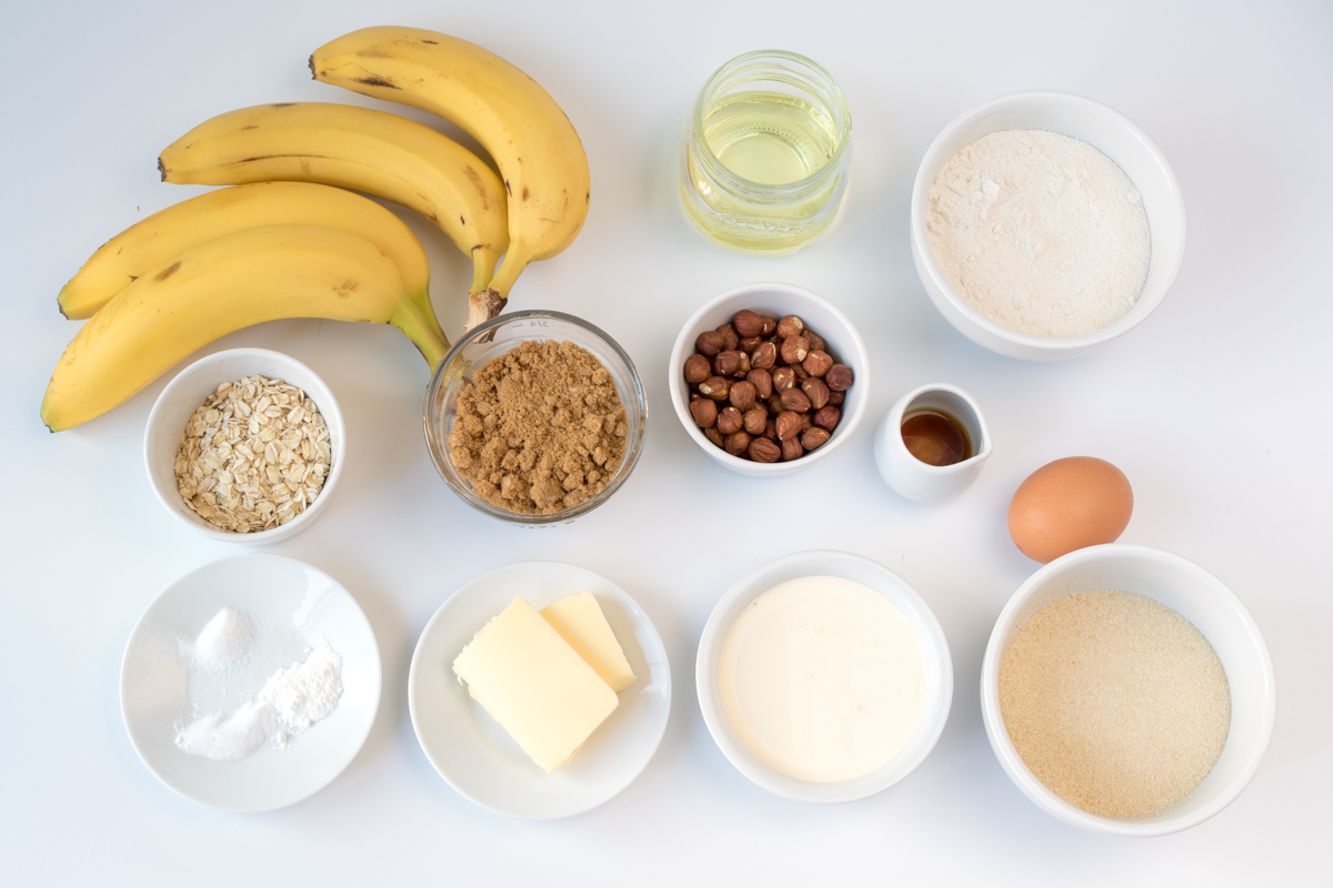 Banana bread with caramelized bananas and hazelnuts ingredients