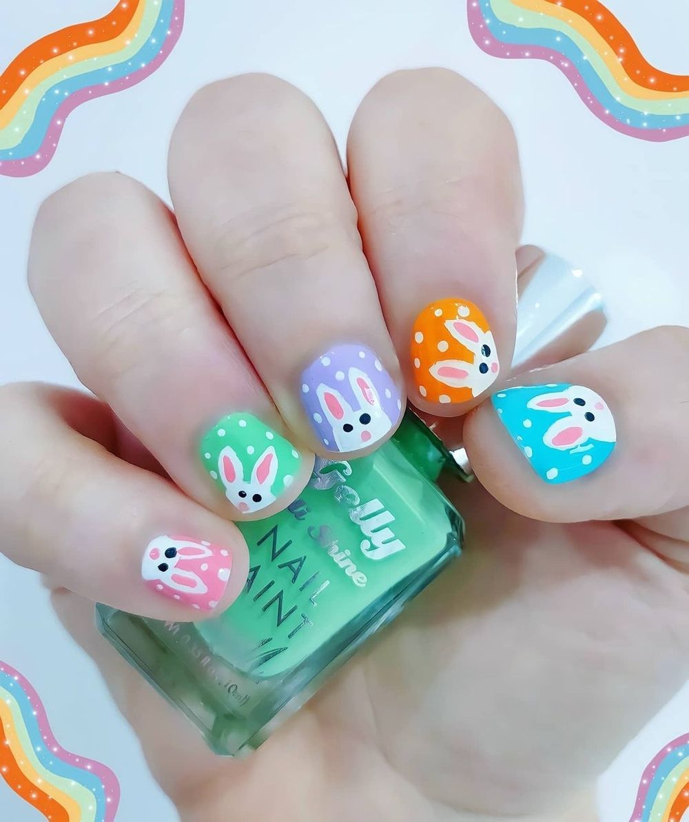 Bright Nails with Bunny and Spots - Easter Themed Nails
