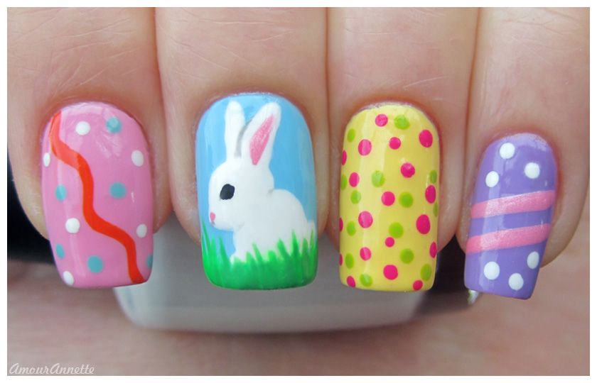 Bunnies and polka dots nail design