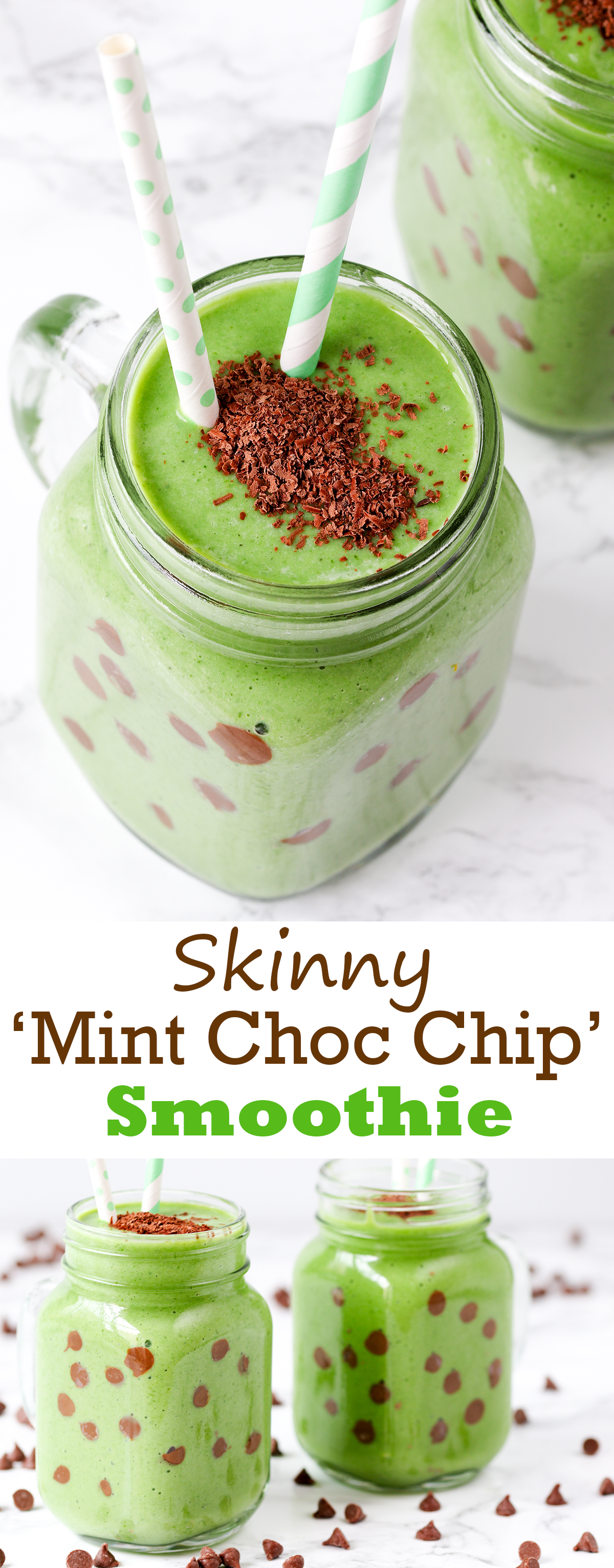 A healthy green smoothie - made more inviting by the addition of peppermint and chocolate chips