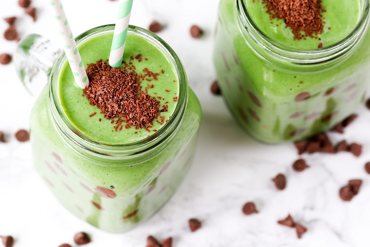 A healthy green smoothie - made more inviting by the addition of peppermint and chocolate chips