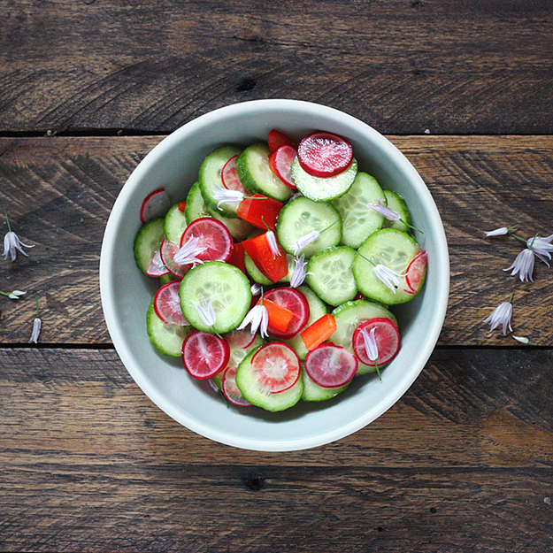 Chive flower and cucumber salad