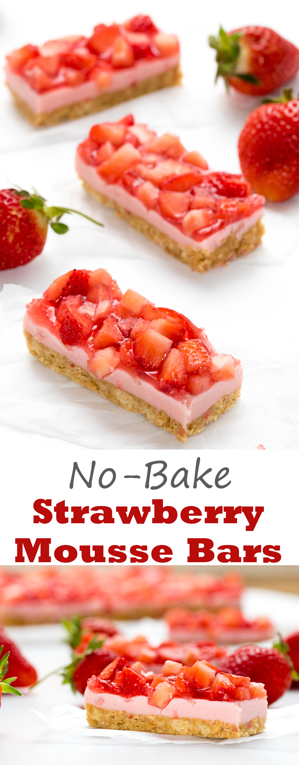 Strawberry Mousse Bars - no bake bars with fresh strawberries!