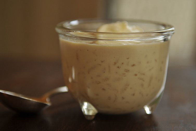 Caramel rice pudding with brown butter and creme fraiche