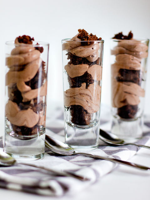 Chocolate mousse and brownie shot glass dessert
