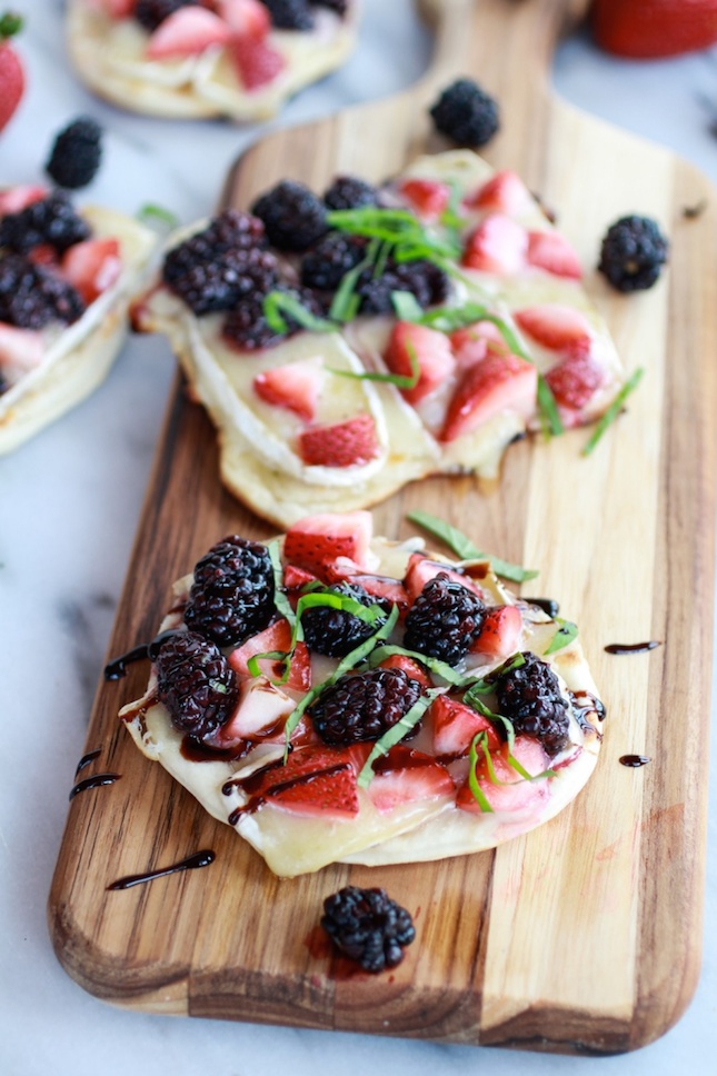 Grilled blackberry, strawberry, basil, and brie pizza crisps