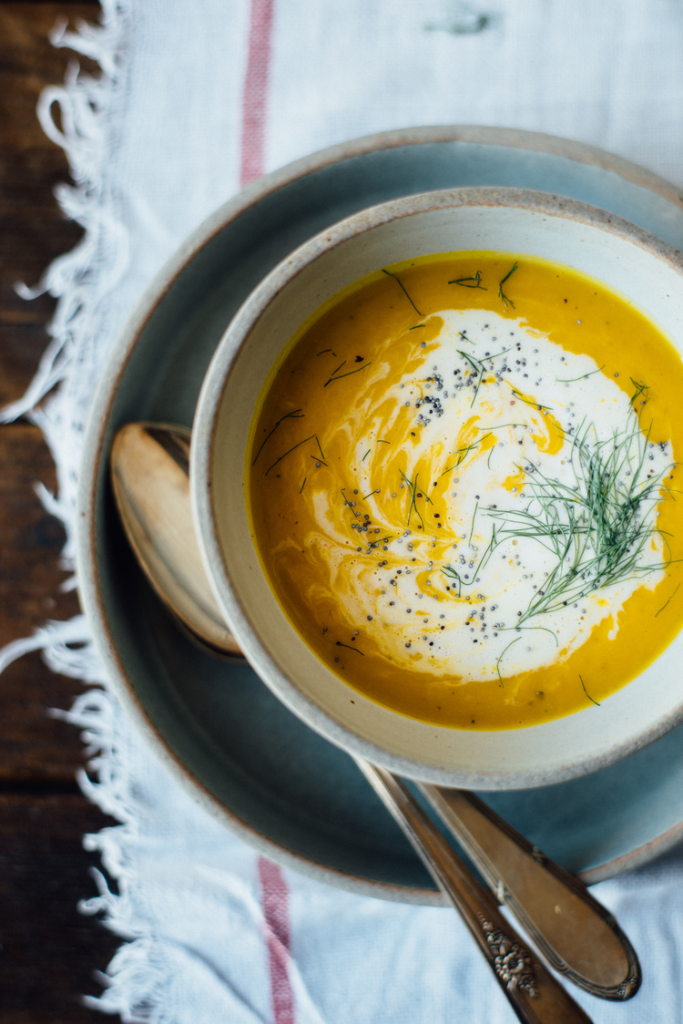 Kabocha squash, fennel, and ginger soup with spicy coconut cream