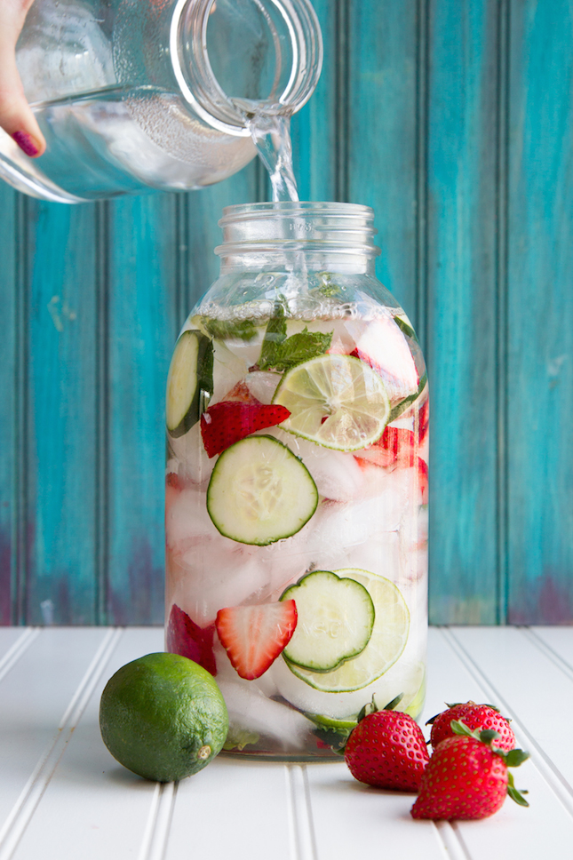 Strawberry, lime, cucumber, and mint water
