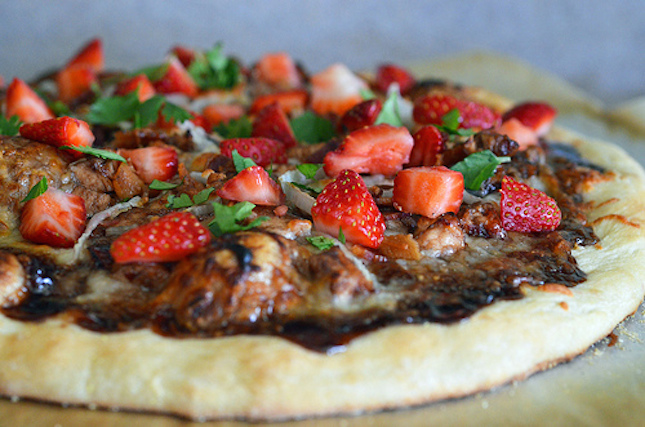 Strawberry pizza with chicken, sweet onion, and applewood smoked bacon