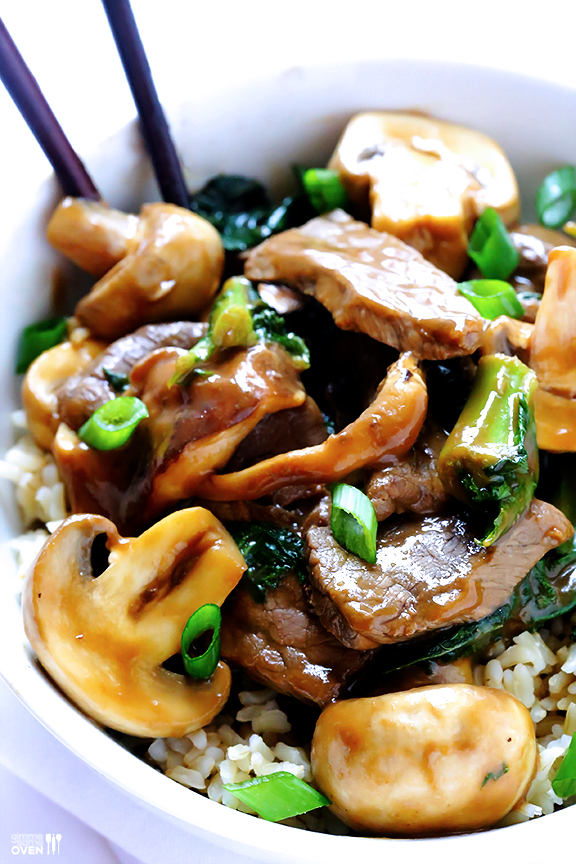 Ginger beef, mushroom, and kale stir fry