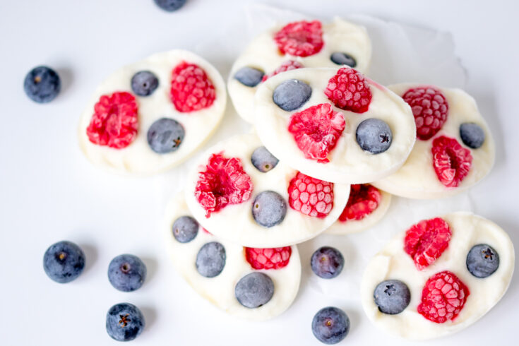 Raspberry and blueberry yogurt bark bites - a tasty snack that the kids will love! A great idea for Memorial day too!