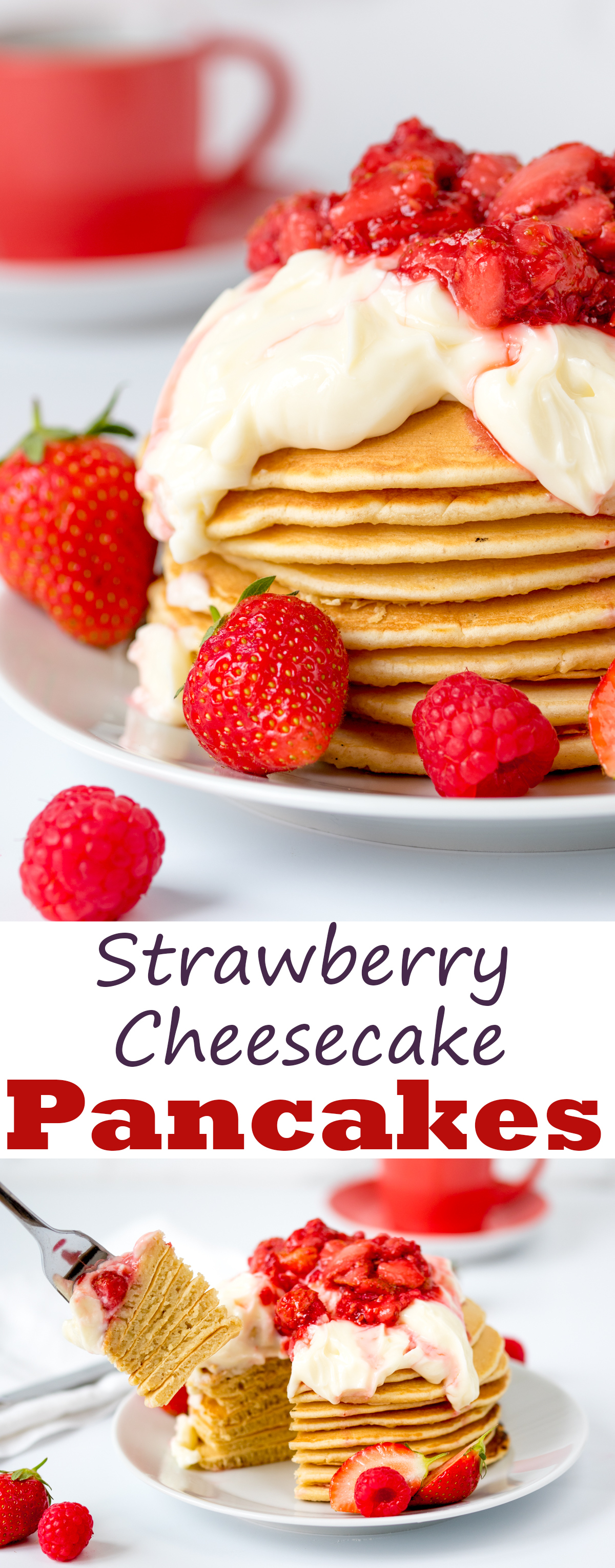 Fluffy pancakes with a simple cheesecake and strawberry compote topping!
