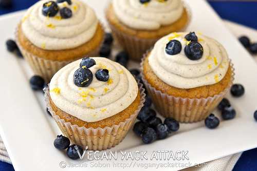 Vegan blueberry banana cupcakes with lemon coconut frosting