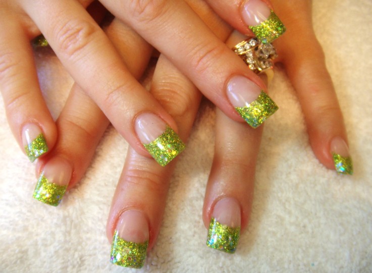 Lime Green Tip Nails with Glitter