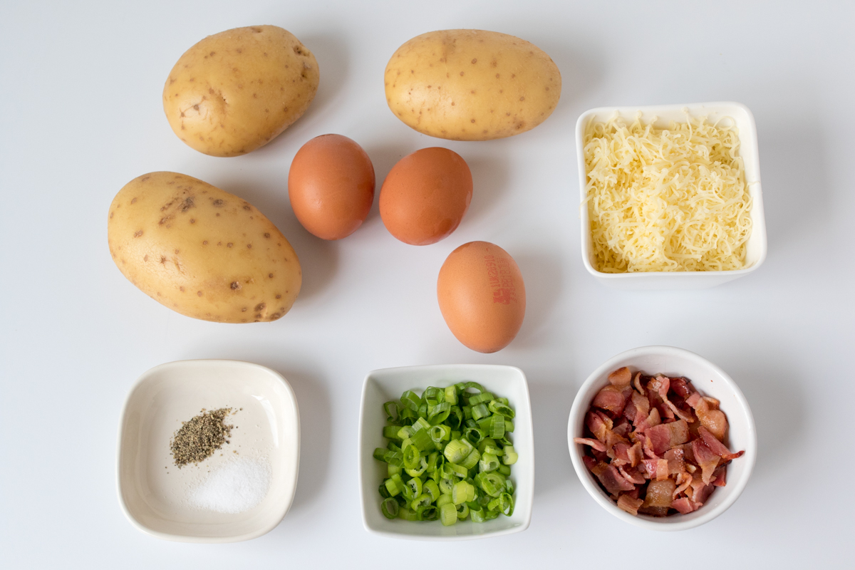 Baked egg breakfast boats with bacon and scallions ingredients