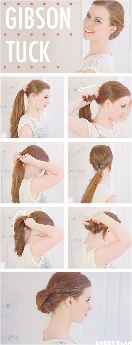 Enkel updo tutorial for å følge gibson tuck lav updo