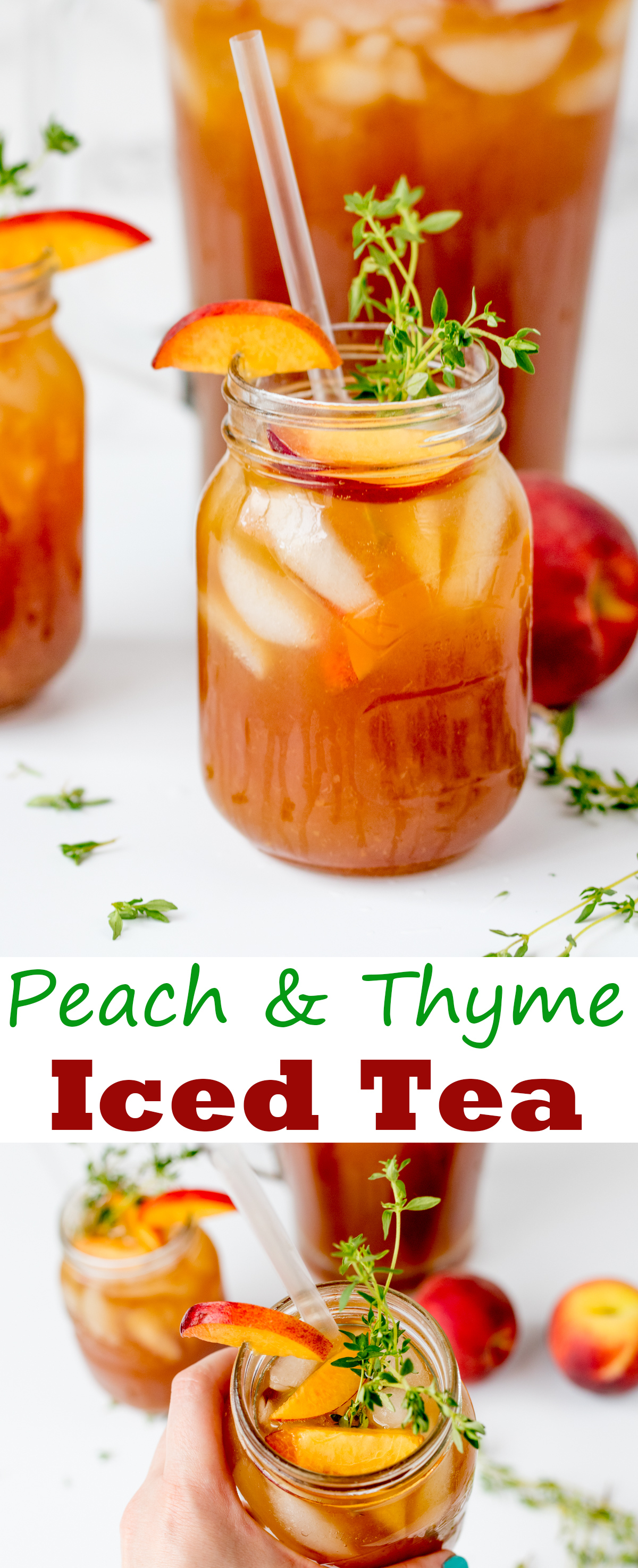Sweet and refreshing peach and thyme iced tea - the perfect drink to cool you down on a hot day!