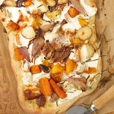Roasted fall vegetable and ricotta pizza