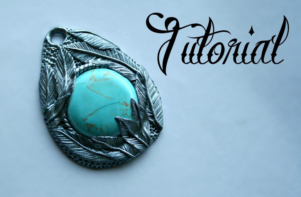 Silver and turquoise polymer clay feather pendant