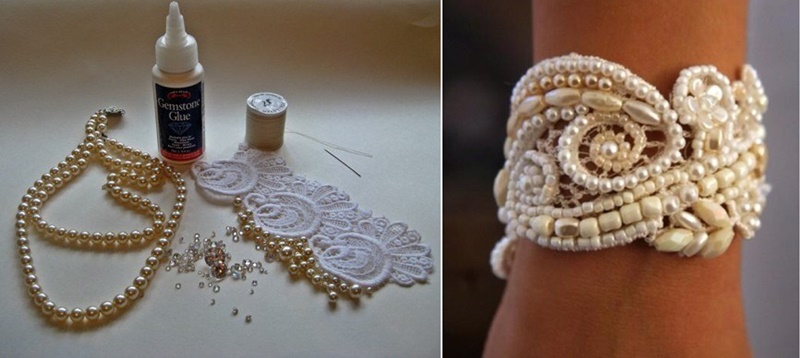 Lace and pearl bead wedding cuff