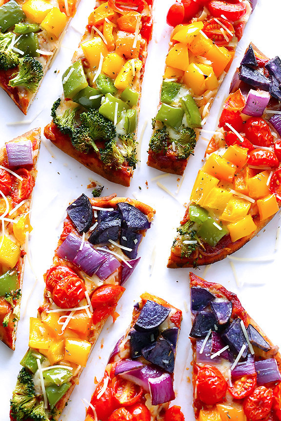 Rainbow veggie flatbread pizza