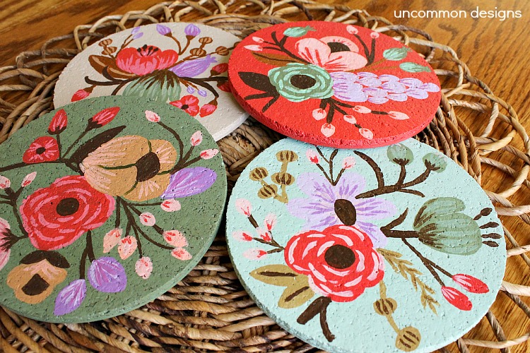 Hand painted floral cork coasters