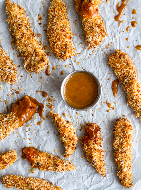 Quinoa crusted chicken strips with barbecue honey mustard
