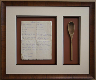 Vintage recipe and mixing spoon shadow box