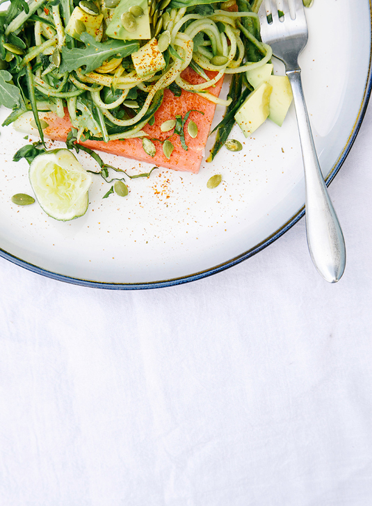 Chili lime cucumber noodles on salted watermelon with mint