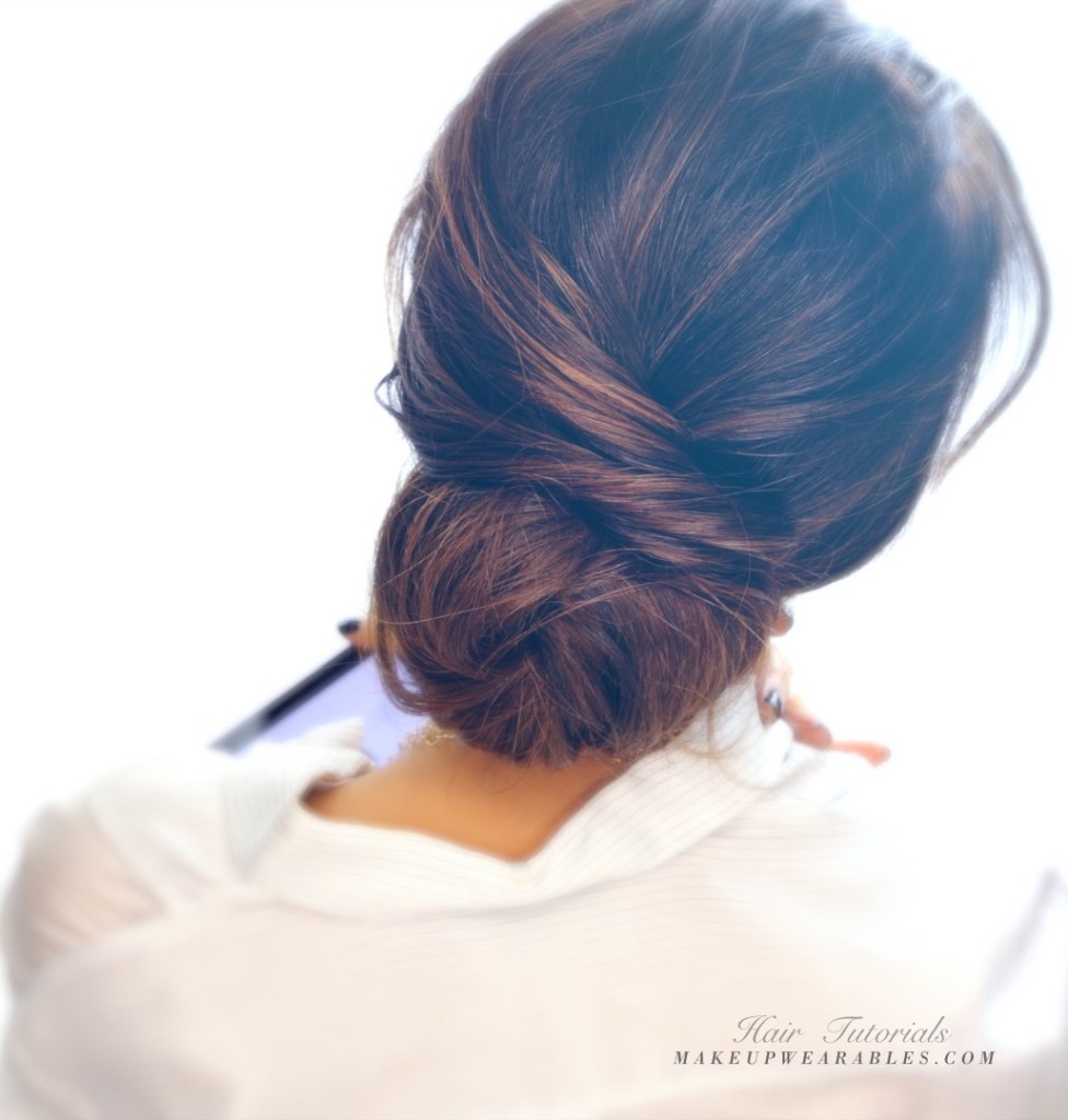 Easy messy bun updo hairstyle for medium long hair tutorial 976x1024