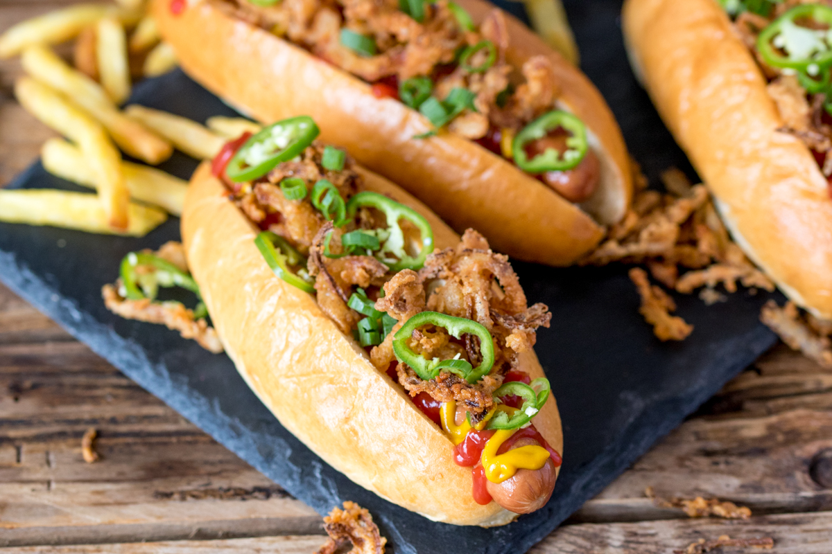 Everyone will love these hot dogs loaded with crispy onion fries!