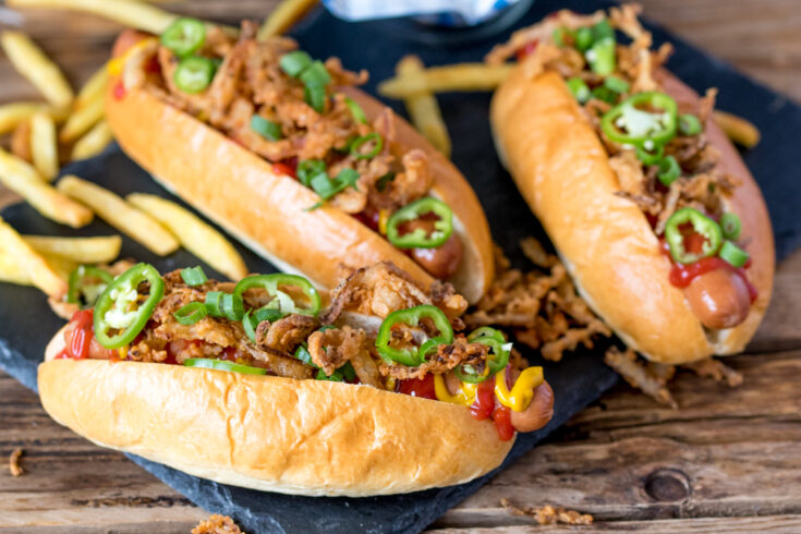 Everyone will love these hot dogs loaded with crispy onion fries!