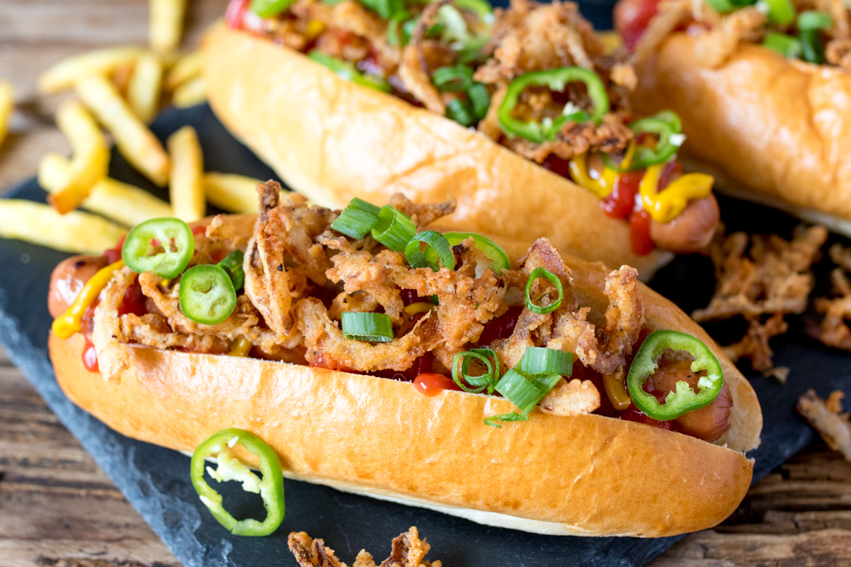 hot dogs loaded with crispy onion fries