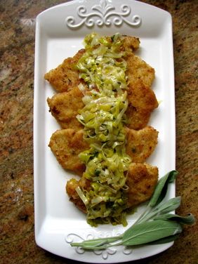 Turkey schnitzel with leeks and butter sage sauce