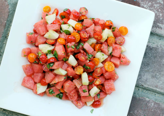 Watermelon salad with tomato and cucumber