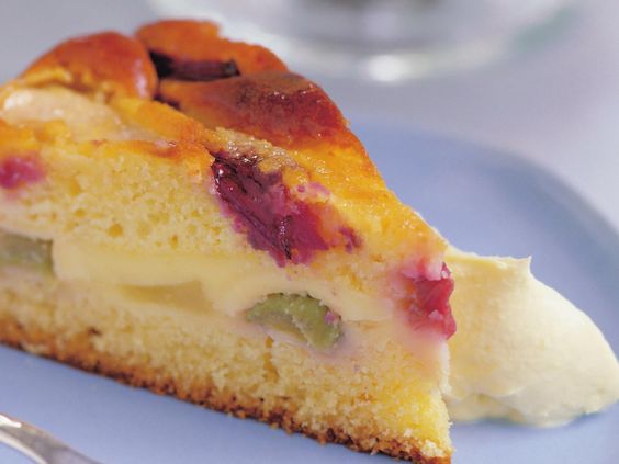 Rhubarb and pear custard cake