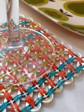 Embroidery floss and button coaster