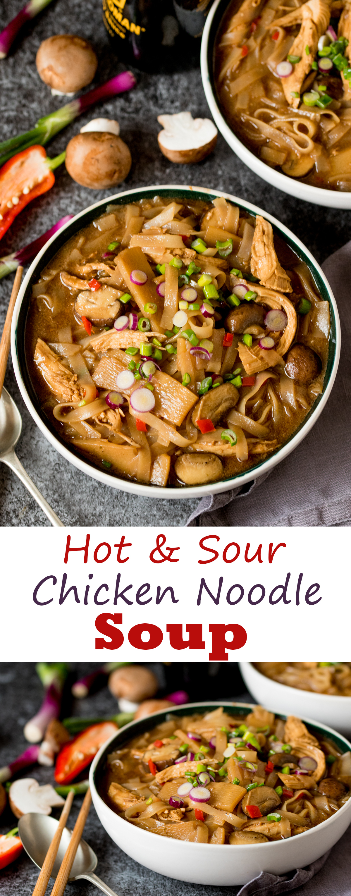 This filling Hot and Sour Chicken Noodle Soup will make your taste buds tingle!