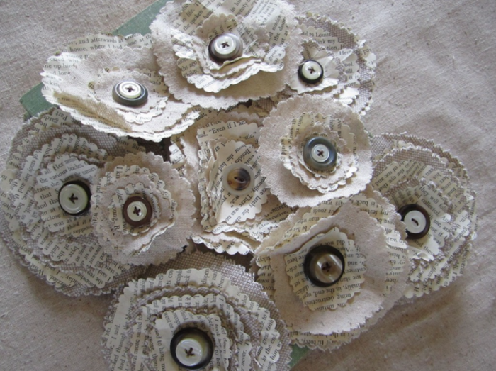 Linen and book page flowers