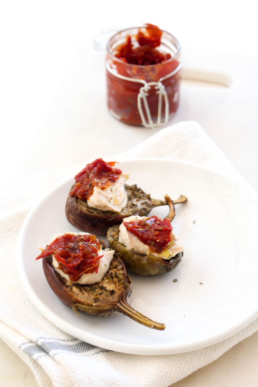 Slow roasted eggplant with hummus and tomato jam recipe