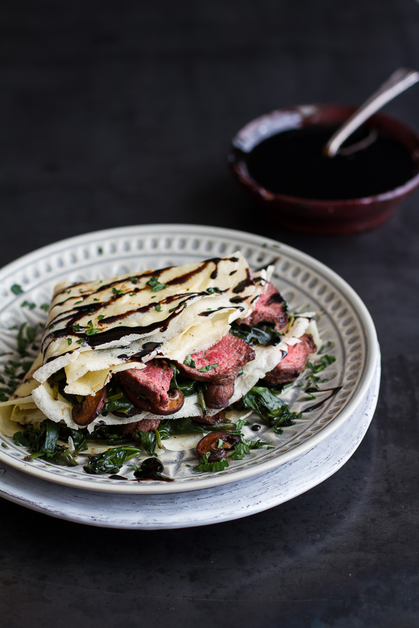 Steak spinach and mushroom crepes with balsamic glaze 1