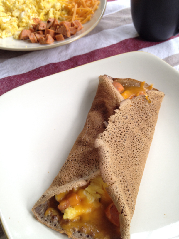 Egg and sausage breakfast crepes