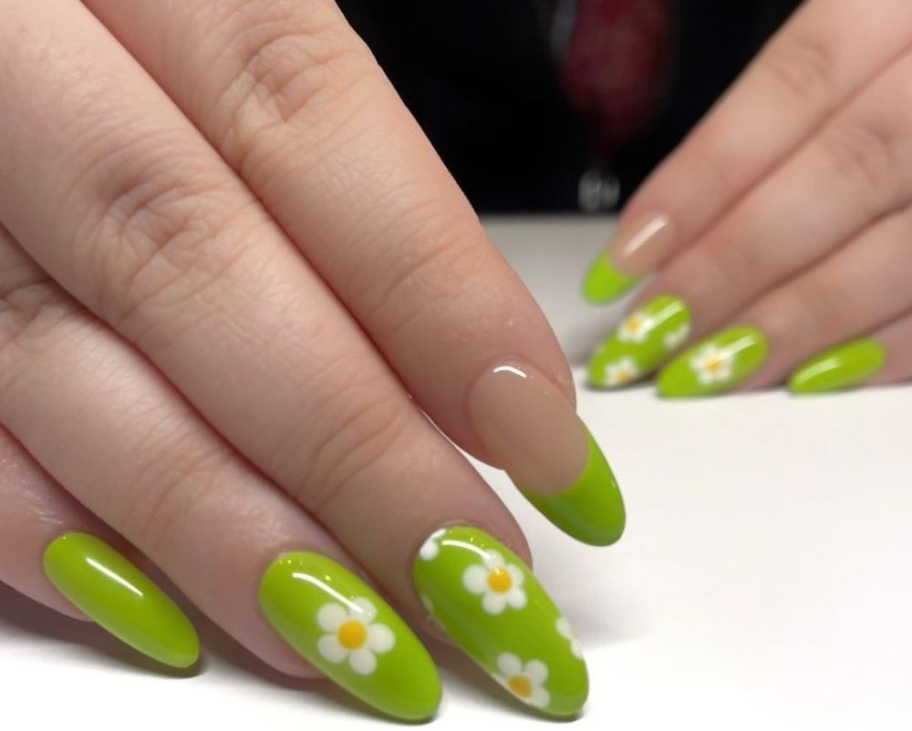 lime green nail designs with daisies