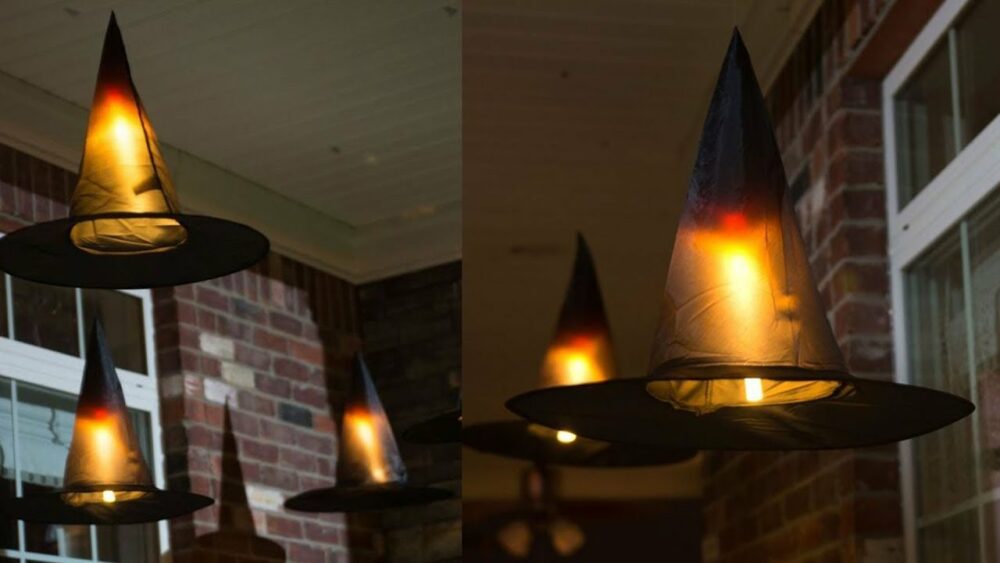 Halloween decorations hanging witch hats 